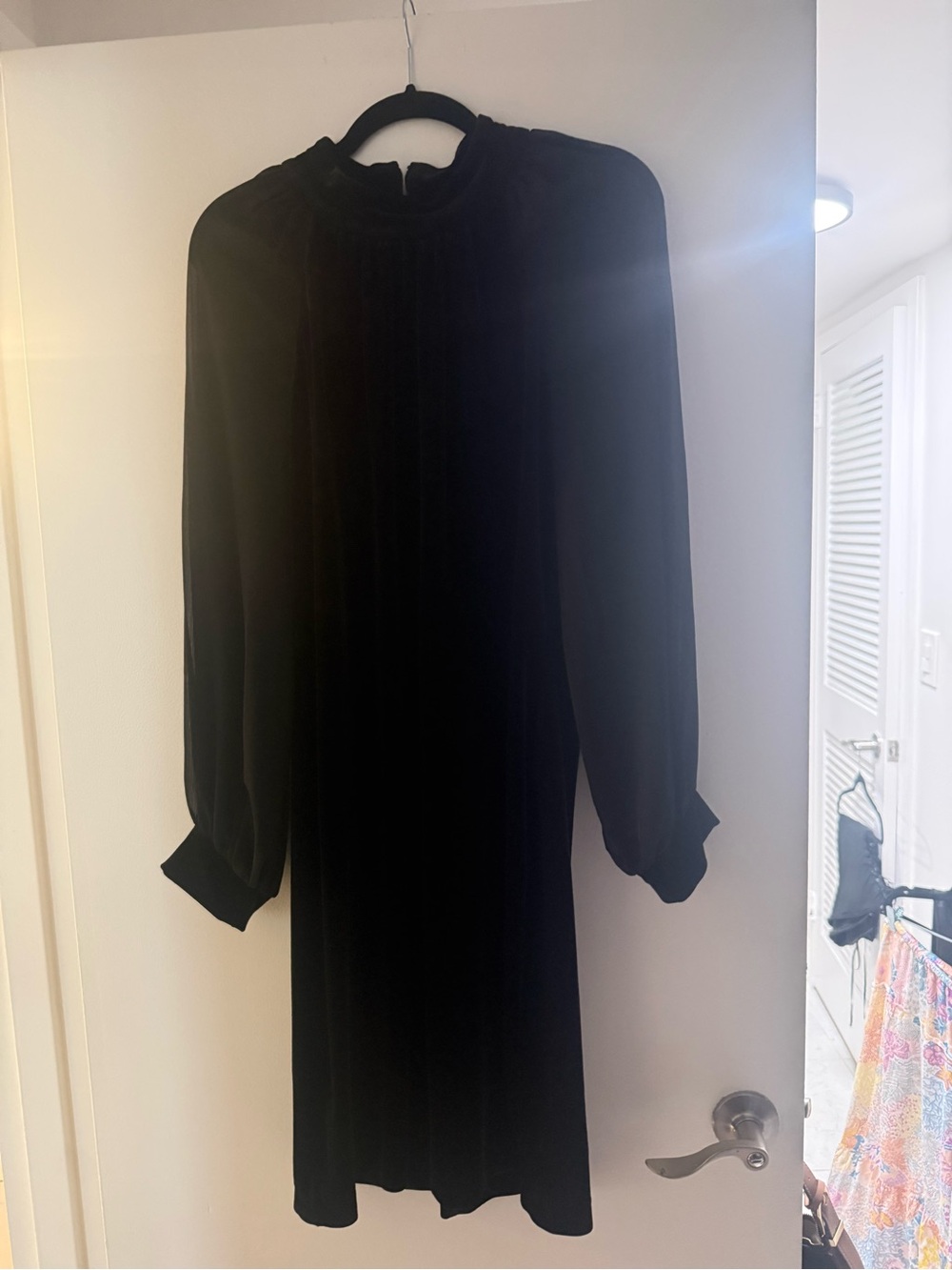Black Long Sleeve High Neck Velour Dress - size 16